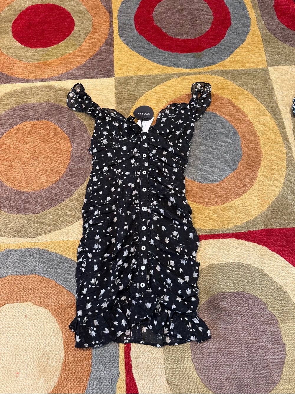 NWT Storia Black White Floral Button Ruffle Sleeve Ruched Mini Bodycon Dress S